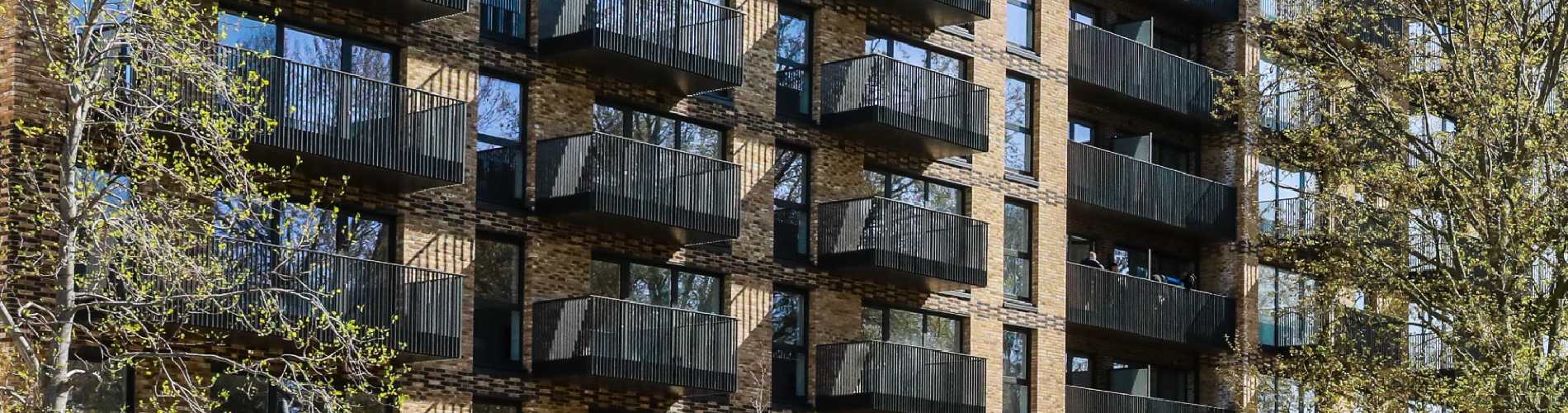 Wheelchair accessible building surrounded by trees and green space at Elephant Park