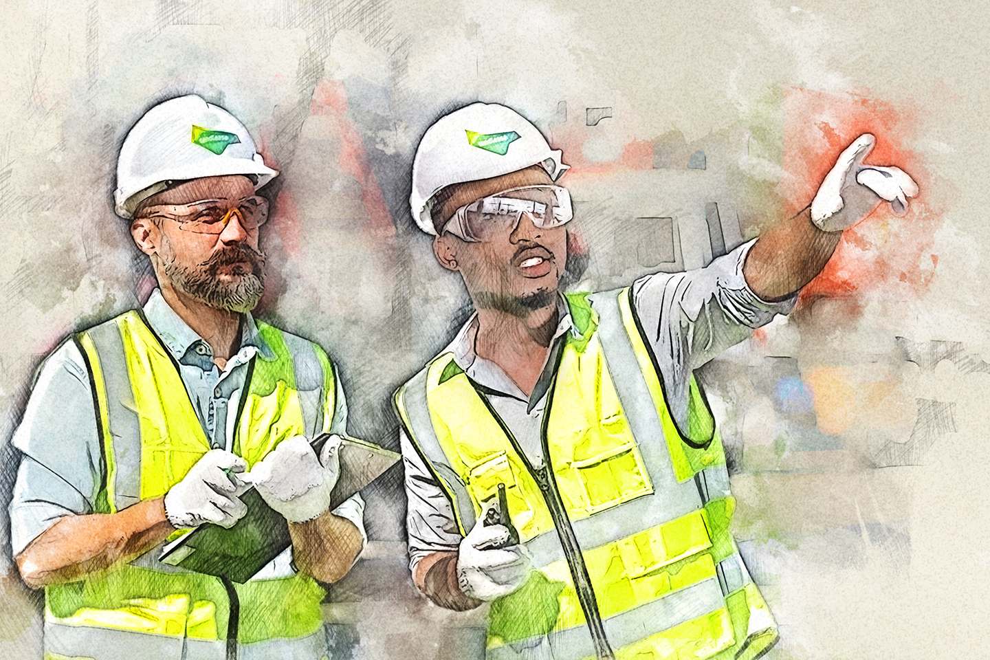 A sketch of two construction workers wearing yellow high-vis vests and Lendlease construction hats.