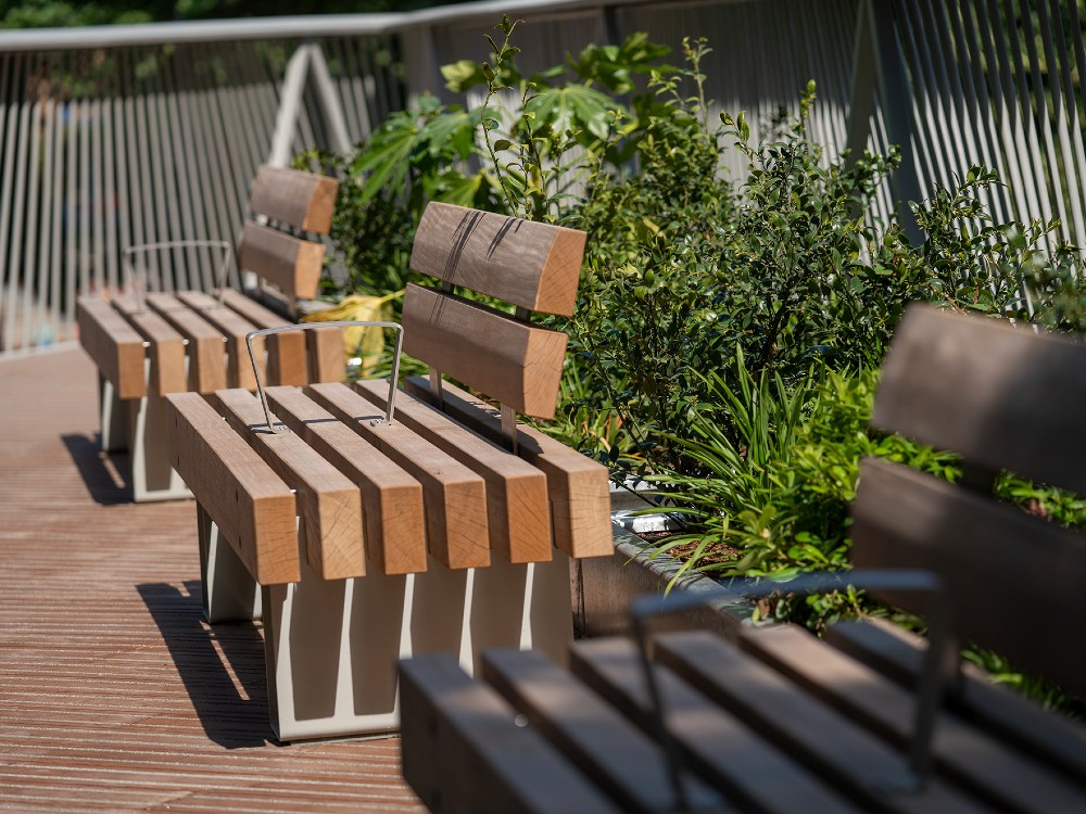 Wooden benches outside the Tree House