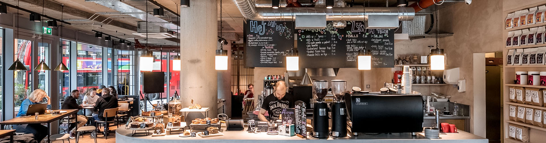 The tables and bar inside Hej Coffee cafe